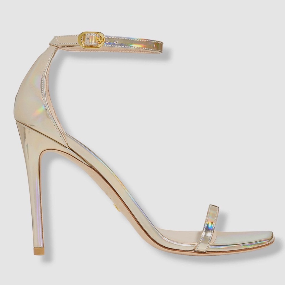 Stuart Weitzman Strappy Heel Beige Nudistcurve Iridescent Sandal Shoe US 9.5
